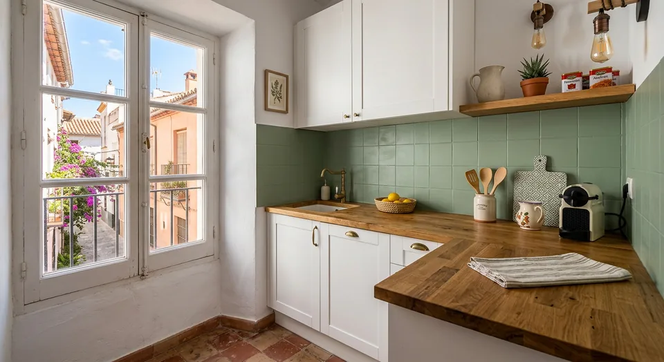 Imagen ilustrativa de una cocina con azulejos en verde salvia