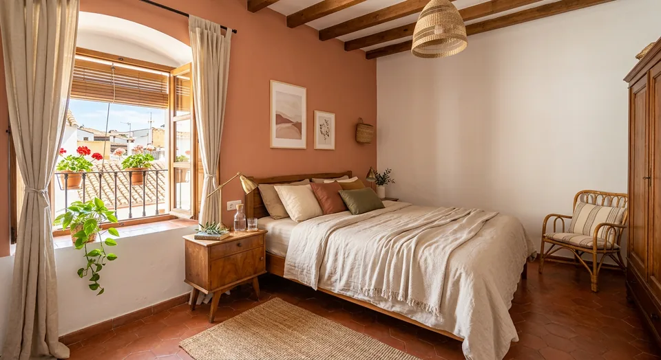 Simulación de un dormitorio con pared en tono arcilla
