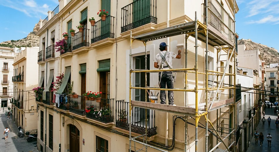 Imagen ilustrativa de trabajos de pintura en una fachada; no representa una obra propia