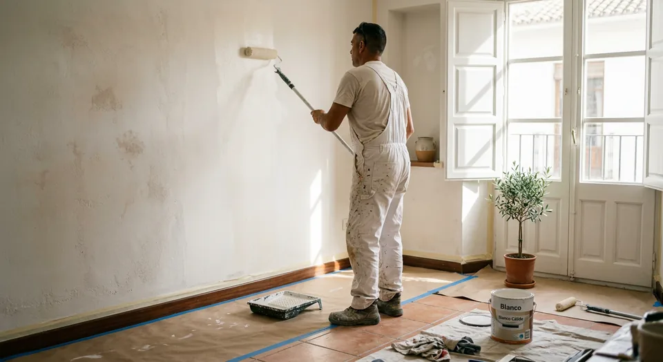 Imagen ilustrativa de un pintor aplicando pintura blanca con rodillo en una vivienda