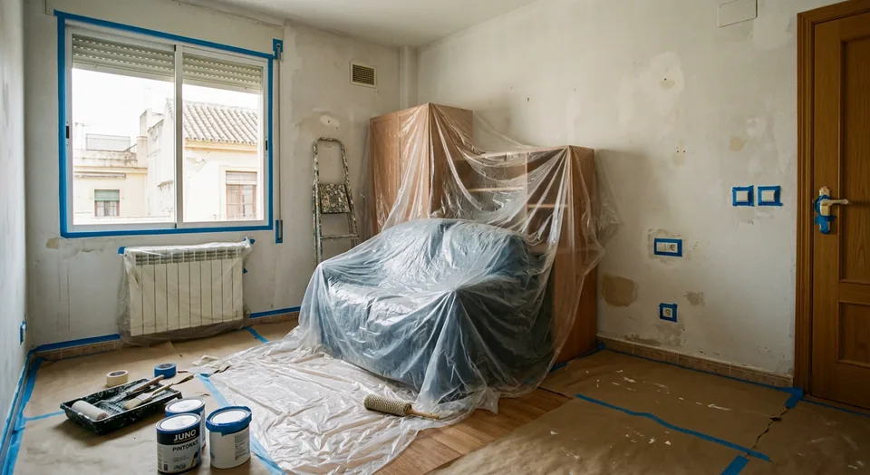 Imagen ilustrativa de una habitación preparada con suelo y muebles protegidos